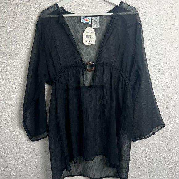 NWT SAND N SUN Womens L Black Beach Swimsuit Sheer Coverup Long Sleeve Flowy - Picture 2 of 7